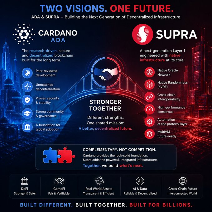 The image features a poster with two different bridges depicted side by side against each other. The bridge on the left has a red background and white text that says "Two Visions. One Future." The bridge on the right has a blue background and white text that says "Cardano.ADA.SURRA". The poster also includes various icons related to the Cardano project, such as a handshake symbolizing trust between two parties or a game icon representing the gaming aspect of the platform.