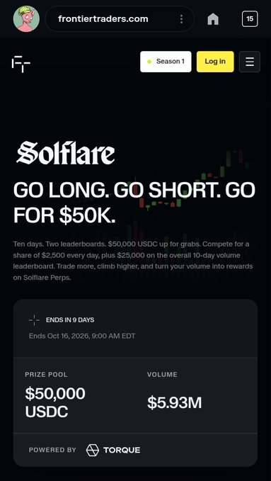 Screenshot of the Solflare website promoting a trading competition titled 'GO LONG. GO SHORT. GO FOR $50K' on frontiertraders.com, featuring a $50,000 USDC prize pool and $5.93M in volume.