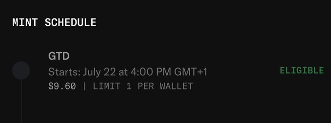 A dark-themed "MINT SCHEDULE" graphic displays the GTD mint details: starting July 22 at 4:00 PM GMT+1, priced at $9.60 with a limit of 1 per wallet, and marked "ELIGIBLE" in green—indicating whitelist confirmation for the upcoming @WonkiesCC0 launch on OpenSea.
