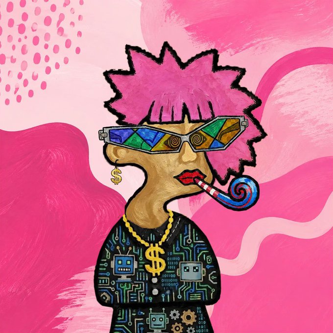 A vibrant digital painting of a stylized figure with spiky pink hair, colorful geometric sunglasses, a dollar sign necklace, and a shirt patterned with circuit board designs and robots, set against a pink background.