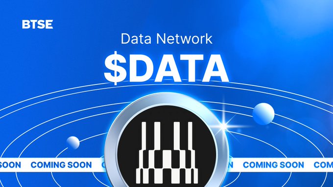 A blue promotional graphic for the BTSE exchange advertising the upcoming listing of the Data Network token ($DATA), featuring the project's logo and 'COMING SOON' text.