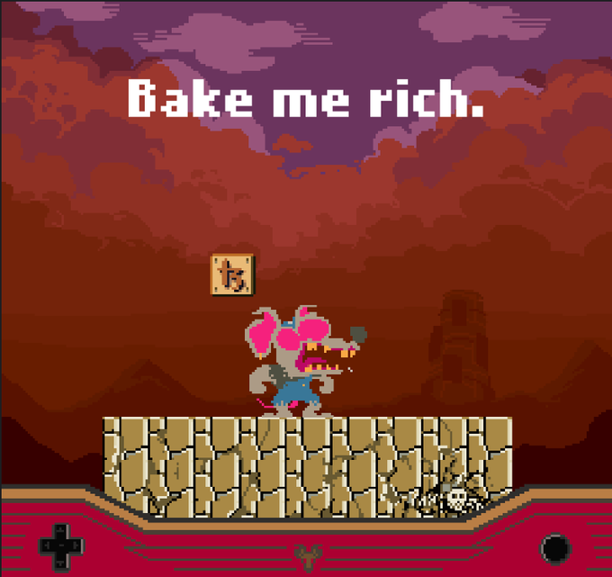 A pixel art video game scene featuring a pink mouse-like character with a gun on a brick platform, with text 'Bake me rich.'