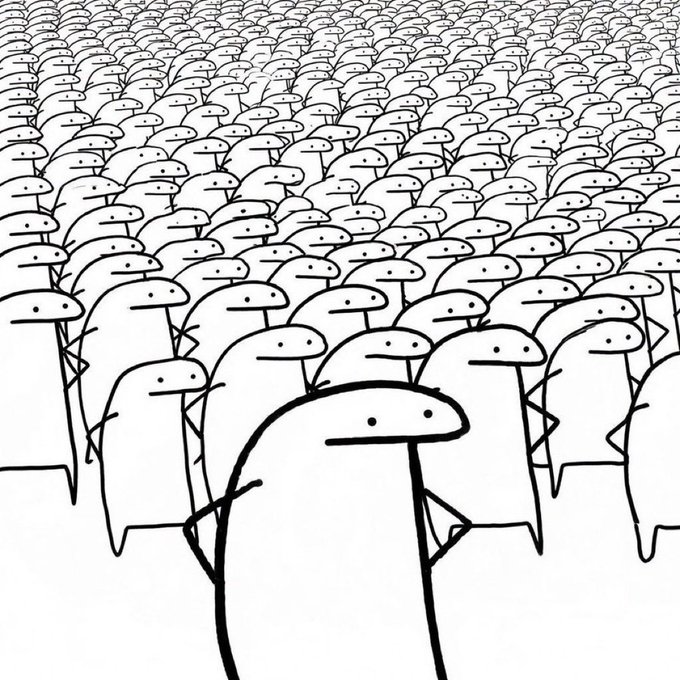 A black-and-white cartoon illustration showing a vast crowd of identical, simple round-faced characters with neutral expressions filling the entire frame.
