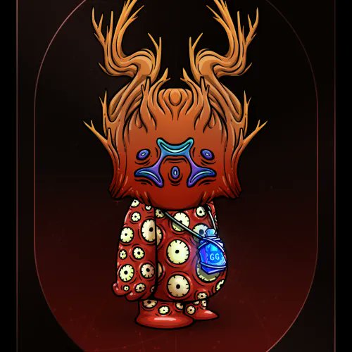 Surreal illustration of a red, flame-headed creature wearing a polka-dot outfit covered in eyeballs, with a glowing blue pendant around its neck against a dark background.