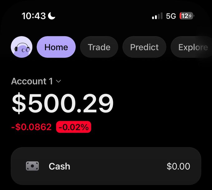 A mobile screenshot of a trading app (likely Robinhood) shows "Account 1" with a balance of $500.29, down $0.0862 (-0.02%) today, with $0.00 in cash. This appears to be the user announcing they've received a contest reward from @perena and @superteam, and plans to send 99% of their $500 balance to their partner.