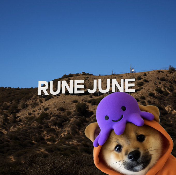 The image features a brown dog wearing an orange hoodie with a purple octopus headband on its head. The background of the photo shows a hillside, possibly at the top of a mountain or near a famous landmark like the Hollywood Sign. The caption below the image reads "Hey @krakenfx, Rune June is here $DOG GO TO THE MOON!".