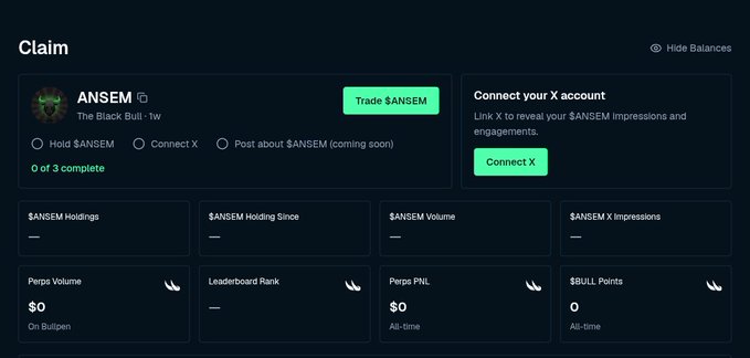 A 'Claim' page interface for $ANSEM token by The Black Bull on 1w, showing 0 of 3 complete tasks (Hold $ANSEM, Connect X, Post about $ANSEM) with a 'Connect X' button and various metrics including Perps Volume, Leaderboard Rank, Perps PNL, and $BULL Points all at zero.