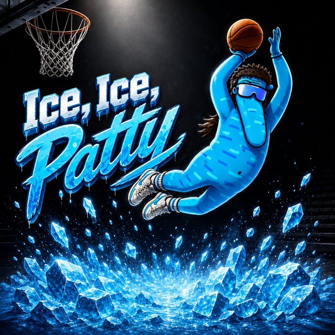 A stylized graphic of a character in a blue ice-themed outfit dunking a basketball, surrounded by ice shards, with the stylized text 'Ice, Ice, Patty' (a play on 'Ice Ice Baby').