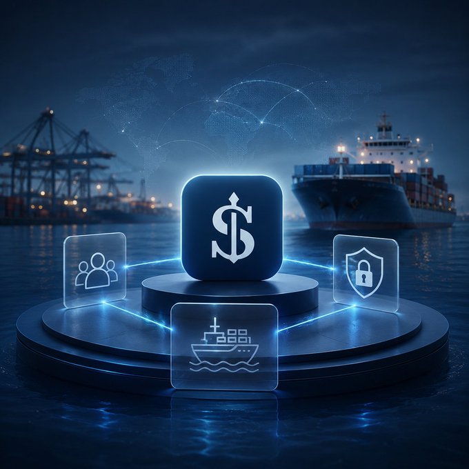 A digital graphic showing a central app icon with a dollar sign surrounded by floating icons (people, shield with lock, ship) connected by glowing lines, set against a nighttime port with a cargo ship and cranes.