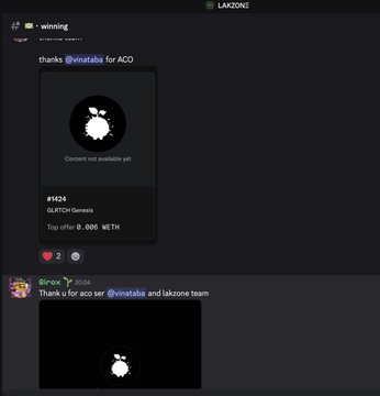 A Discord chat in the "winning" channel shows a user thanking "@invitable for ACO" alongside a Glitch Genesis NFT (#1424) with a 0.006 WETH top offer, while user "0nc0r" replies "Thank u for aco ser @invitable and lakzone team," connecting to the post's discussion about profiting from the ACO mint.