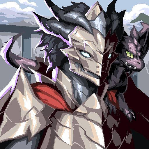 An illustrated character in ornate, spiked armor and a helmet, accompanied by a small black dragon-like creature perched on their shoulder.