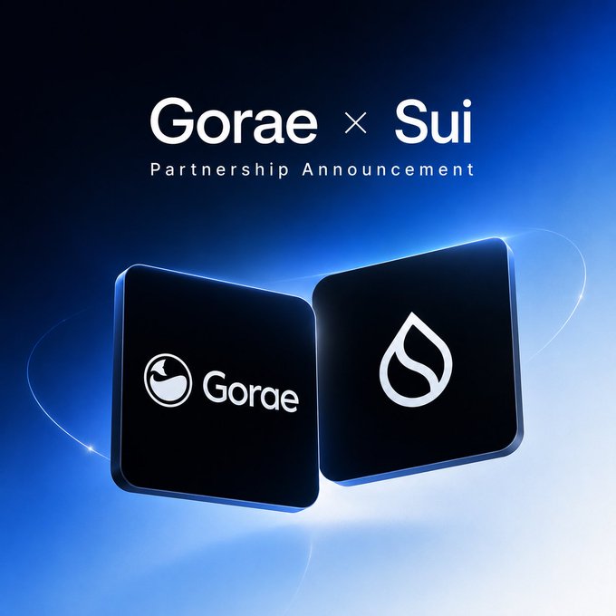 A sleek partnership announcement graphic on a blue gradient background features two floating black tiles displaying the Gorae logo (with a bird icon) and the Sui water drop logo, headed by the text "Gorae × Sui Partnership Announcement." The image visually represents the strategic collaboration between the two brands, which is highlighted in the accompanying post as Gorae is building EV charging infrastructure on the Sui Network to solve transparency issues for investors.