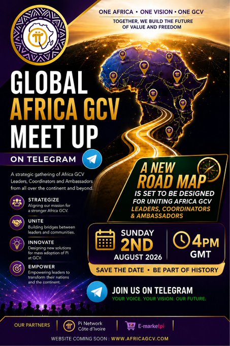 A promotional flyer for the 'GLOBAL AFRICA GCV MEET UP' on Telegram, dated Sunday 2nd August 2026 at 4 PM GMT, themed 'ONE AFRICA • ONE VISION • ONE GCV' with sections on Strategize, Unite, Innovate, and Empower.