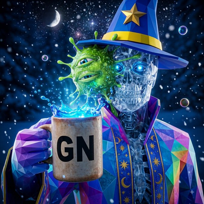 A vibrant, digitally created image depicts a skeleton wearing a colorful wizard hat and robe, holding a mug labeled 'GN' filled with glowing blue liquid. A green, one-eyed slime creature sits on the skeleton's shoulder against a starry night background.