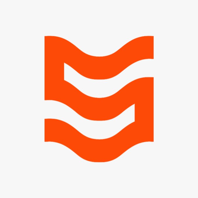 An orange stylized 'S' or wavy logo design on a light gray background.