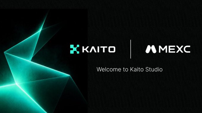 The image features a sleek promotional graphic for the collaboration between **KAITO** and **MEXC**, displaying both logos side-by-side alongside the text "Welcome to Kaito Studio" against a dark background with glowing teal geometric accents—visually representing the partnership mentioned in the post, where MEXC is participating in Kaito's Katalyst and Partner events offering up to $200,000 in combined rewards.