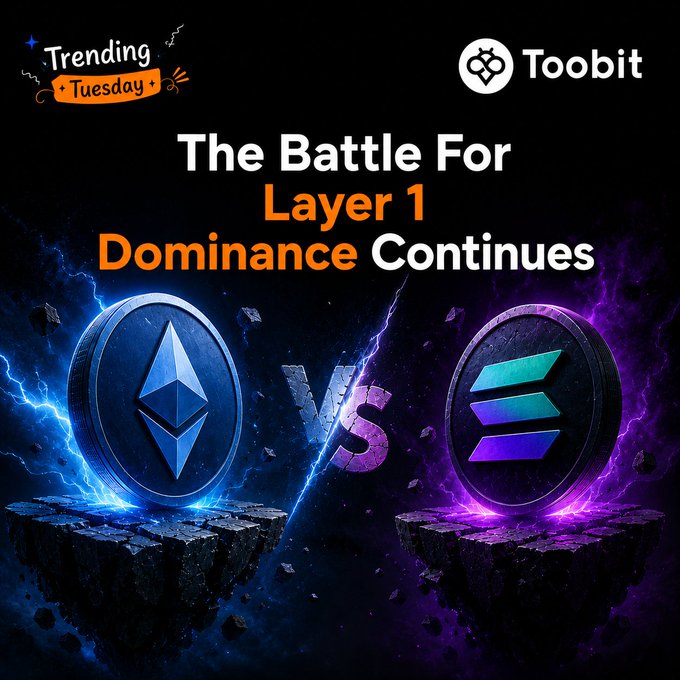 The image shows two coins, one blue and one purple, placed on a rock formation with lightning bolts surrounding them. The text above the coins reads "The Battle for Layer 1 dominance continues", indicating that there might be a competition between these two cryptocurrencies in terms of their influence within the cryptocurrency ecosystem.
