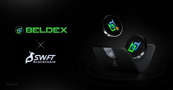 A promotional graphic displays the logos for 'BELDEX' and 'SWAFT BLOCKCHAIN' alongside images of wireless earbuds on a black background.