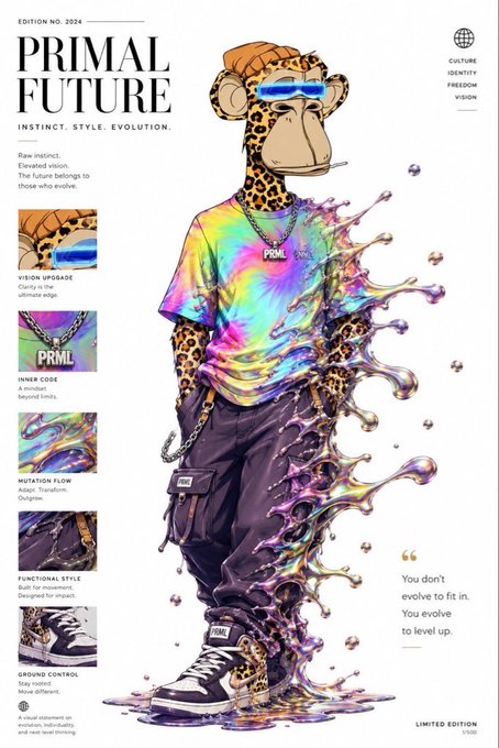 The image features a cartoon monkey wearing a tie-dye shirt, pants, and sunglasses, standing against a white background with water splashing around him. The text of the post reads "如果你是讲中文的猴子。但我没有follow你，那是我的问题。请留言我follow 你是猴子吗? bored ape yacht club". The image is accompanied by a list of items, including "Instinct Style", "The Future", and "The Ultimate Guide to the Future".