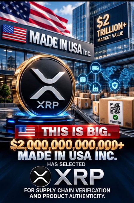 A promotional graphic for XRP cryptocurrency, featuring an American flag, a large XRP coin, and text announcing that 'MADE IN USA Inc.' (with $2 trillion+ market value) has selected XRP for supply chain verification and product authenticity.