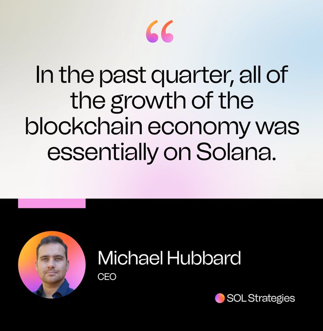 A quote graphic from SOL Strategies CEO Michael Hubbard stating, "In the past quarter, all of the growth of the blockchain economy was essentially on Solana," complementing the post's point that Solana captured 40% of RWA growth versus just 3.4% industry-wide.