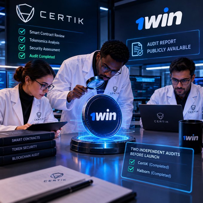 A promotional graphic for 1Win featuring three people in white CERTIK lab coats inspecting a holographic 1Win coin and working on laptops, with text highlighting 'Audit Completed,' 'Smart Contract Review,' and two independent audits by Certik and Halborn.