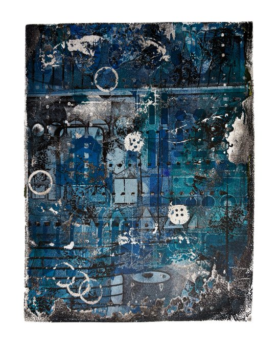 An abstract mixed-media artwork featuring blue tones with geometric shapes, circles, and textured elements.