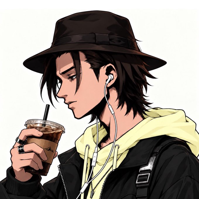 An anime-style illustration of a young man with dark hair wearing a brown bucket hat, a black jacket over a yellow hoodie, and white earbuds, holding an iced coffee drink with a black straw.