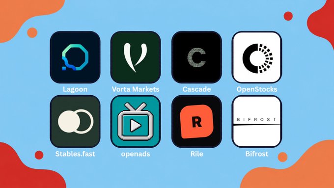 Eight app icons are displayed on a colorful background with labels: 'Lagoon', 'Vorta Markets', 'Cascade', 'OpenStocks', 'Stables.fast', 'openads', 'Rife', and 'Bifrost'.