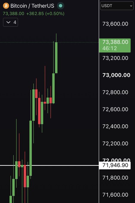 A Bitcoin/TetherUS (USDT) trading chart from Binance showing a price of 73,388.00, up 362.85 (+0.50%), with green and red candlesticks on a dark background.