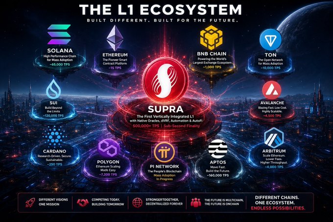 Infographic titled 'THE L1 ECOSYSTEM' displaying a network of blockchain logos including Solana, Ethereum, BNB Chain, TON, SUI, Avalanche, Cardano, Polygon, Pi Network, Aptos, Arbitrum, and Supra at the center.