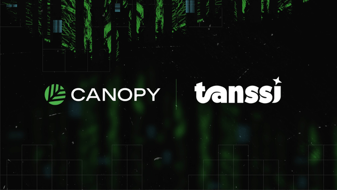 A digital banner with a dark green forest-themed background displays the logos 'CANOPY' and 'tanssi' side by side.