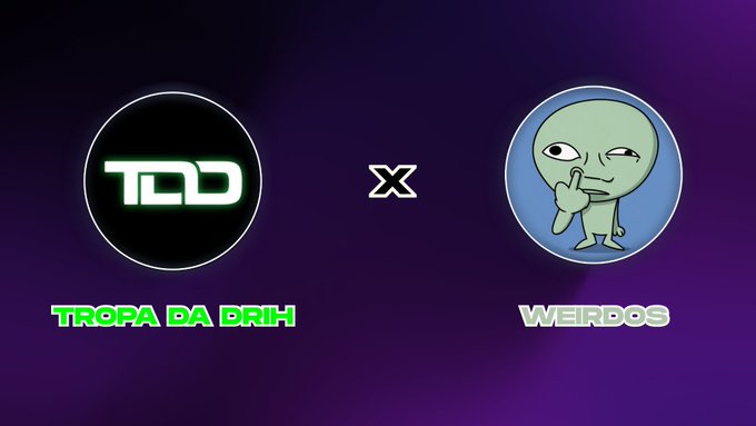 Collaboration announcement graphic showing the 'TDD' (Tropa da Drih) logo on the left and a green alien mascot with 'WEIRDOS' text on the right, separated by an 'X' on a dark purple background.