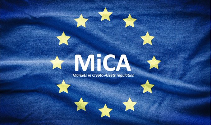 The image shows the European Union flag with the text "MiCA - Markets in Crypto-Assets regulation" overlaid, visually representing the post's announcement that MiCA is now fully in force across Europe, requiring crypto platforms to have proper licensing to serve EU users.