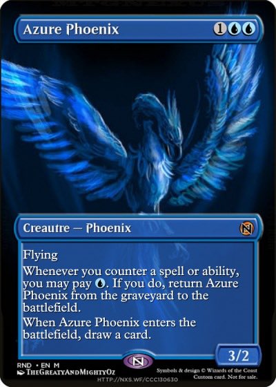 A Magic: The Gathering card named 'Azure Phoenix,' a 3/2 blue creature with Flying that returns from the graveyard when countering a spell or ability, illustrated by Wizards of the Coast.