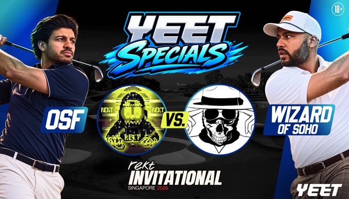 A promotional graphic for a 'YEET SPECIALS' golf match titled 'rekt INVITATIONAL SINGAPORE 2026', featuring golfers OSF and 'WIZARD OF SOHO' in a head-to-head matchup.
