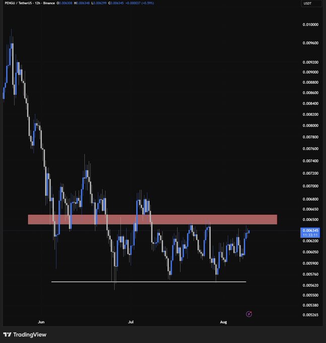 A TradingView candlestick chart for the PENGU/USDT pair on Binance, showing a sharp downtrend in June, a period of sideways consolidation in July, and a highlighted horizontal support/resistance zone in red around the 0.006345 price level.