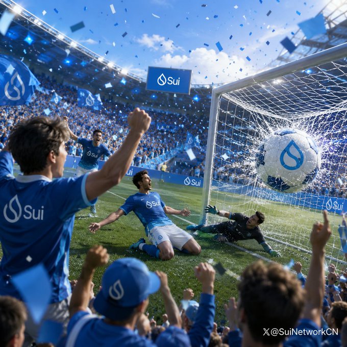 An AI-generated soccer scene celebrating a goal with Sui-branded players, ball, and stadium, with 'X @SuiNetworkCN' watermark in the corner.