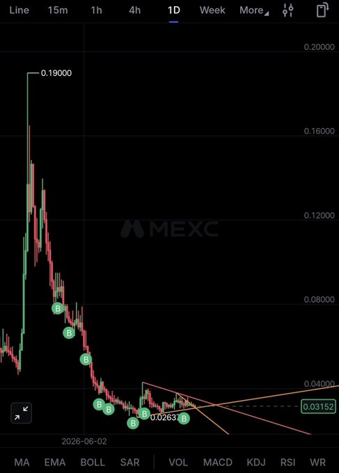 A MEXC daily candlestick chart for $RIO (Realio Network) shows a sharp decline from a high of 0.19000 down to 0.03152, with multiple "B" buy signals and a descending triangle pattern forming near support—contrasting with the post's bullish "1000x gem coin" sentiment.
