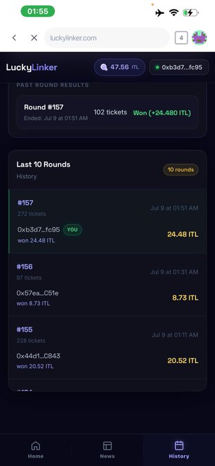 A mobile screenshot of the 'luckylinker.com' website shows past round results on a dark theme, displaying Round #157 won (+24,480 ITL) and the last 10 rounds history with entries like #157, #156, and #155 showing ticket counts and winnings.