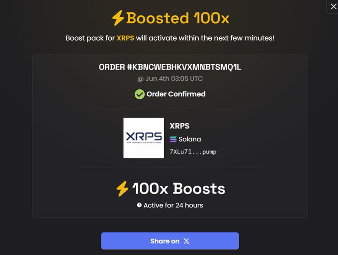The image shows a screenshot of an online store called "XRPS", which sells Bitcoin coins, specifically Boosted 100x XRPS. The website displays a list of items for sale, including Boosted 100x XRPS, along with their respective prices and descriptions. The post on the website is titled "Boosted 100x XRPS on DEX Screener!". This suggests that the image might be related to an advertisement or promotional content about Bitcoin coins, specifically Boosted 100x XRPS, which could potentially be a product offered by XRPS.