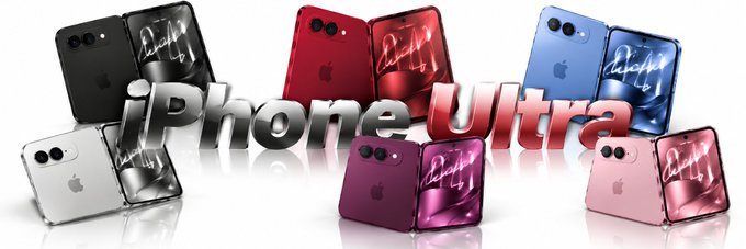 A promotional image displaying multiple foldable 'iPhone Ultra' devices in various colors (black, red, blue, silver, purple, pink) with the text 'iPhone Ultra' in large stylized lettering.