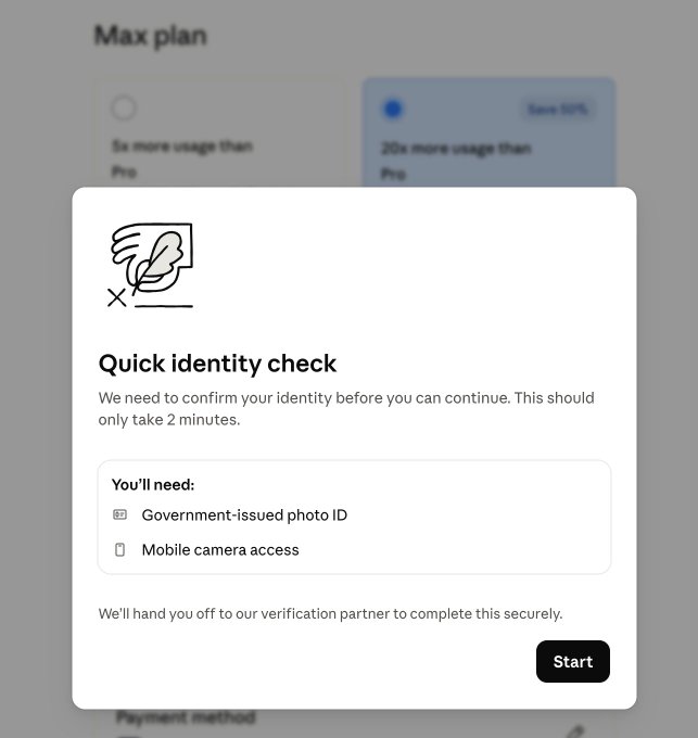 A digital interface displays a 'Quick identity check' pop-up window over a 'Max plan' pricing screen, requiring a government-issued photo ID and mobile camera access, with a 'Start' button at the bottom right.