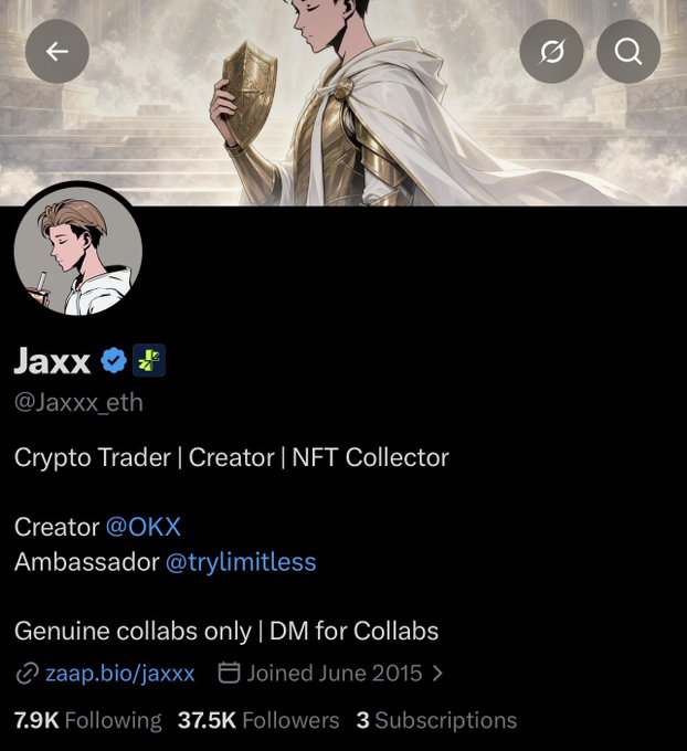 A social media profile for 'Jaxx' (@Jaxxx_eth), identifying as a Crypto Trader, Creator, and NFT Collector, with 37.5K Followers.