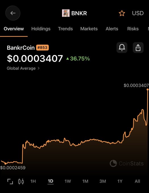 A CoinStats app screenshot showing BankrCoin (BNKR) at $0.0003407 with a 36.75% increase on the 1D chart.