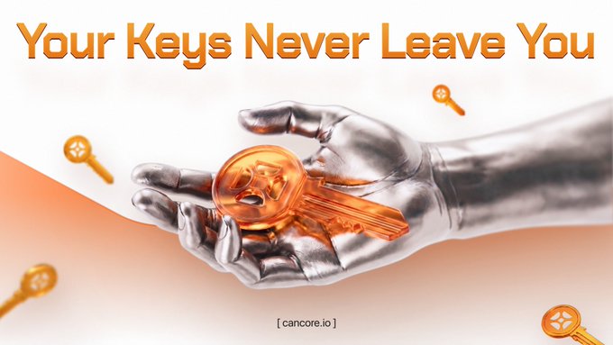 A promotional graphic features a metallic robotic hand holding a glowing golden Bitcoin-shaped key, with the text 'Your Keys Never Leave You' and 'cancore.io'.