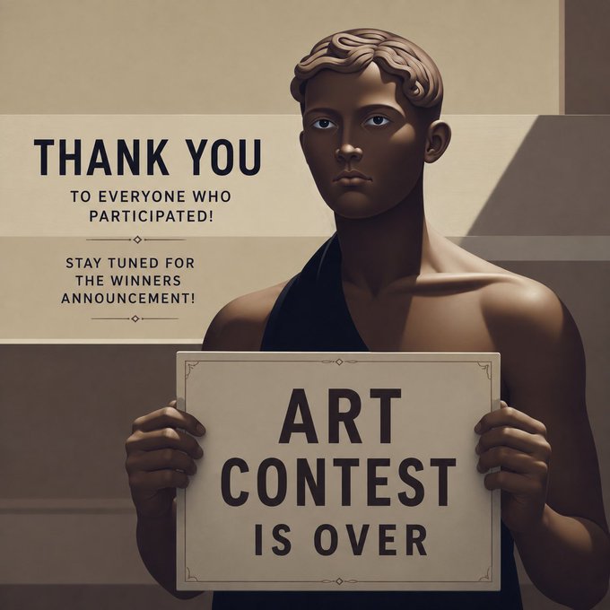 A digital illustration of a bronze-toned classical statue holding a sign that reads 'ART CONTEST IS OVER', with additional text 'THANK YOU TO EVERYONE WHO PARTICIPATED! STAY TUNED FOR THE WINNERS ANNOUNCEMENT!'.