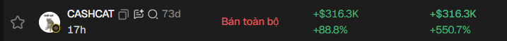 A dark-themed financial tracker displays the user 'CASHCAT' with Vietnamese text 'Bán toàn bộ' (Sell all), showing a position with +$316.3K (+88.8%) and +$316.3K (+550.7%) gains.