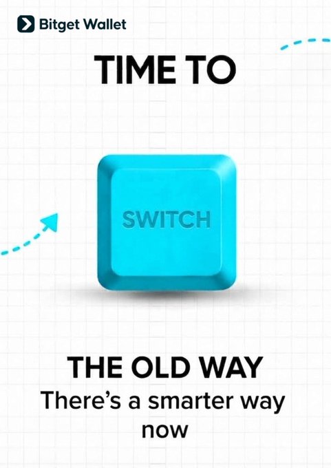 A promotional graphic for Bitget Wallet with the text "TIME TO SWITCH THE OLD WAY - There's a smarter way now" featuring a large blue switch button.