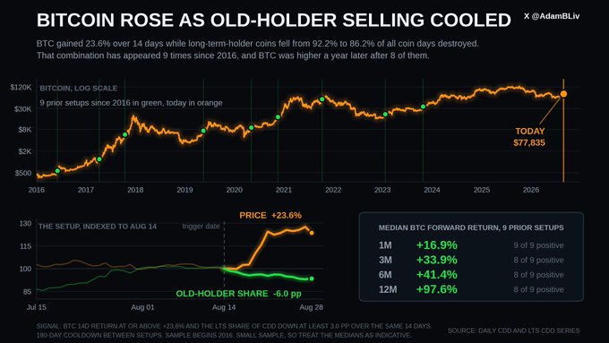 A detailed Bitcoin analysis chart titled "BITCOIN ROSE AS OLD-HOLDER SELLING COOLED" by Adam Bliv, showing BTC log-scale price history and forward returns of +16.9% (1M), +33.9% (3M), +41.4% (6M), and +97.6% (12M).
